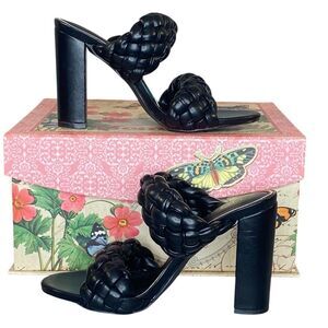 Liliana Ryant 1 Black Faux Leather Heels Women Size 8.5 Slip On Twisted Straps